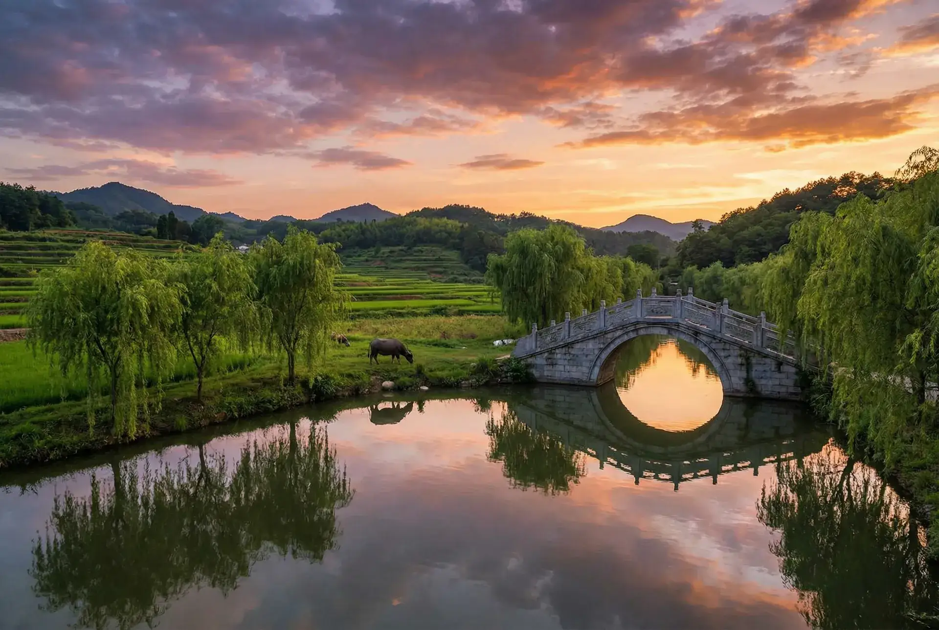 夕阳下的石拱桥与垂柳，水牛在河边吃草 - 看我怎么C你的 叫出来视频 乡村美景